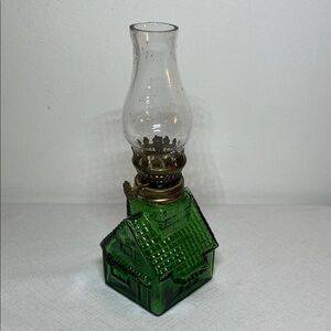 Vintage Mini Green Glass Hurricane Oil Lamp. Made Hong Kong